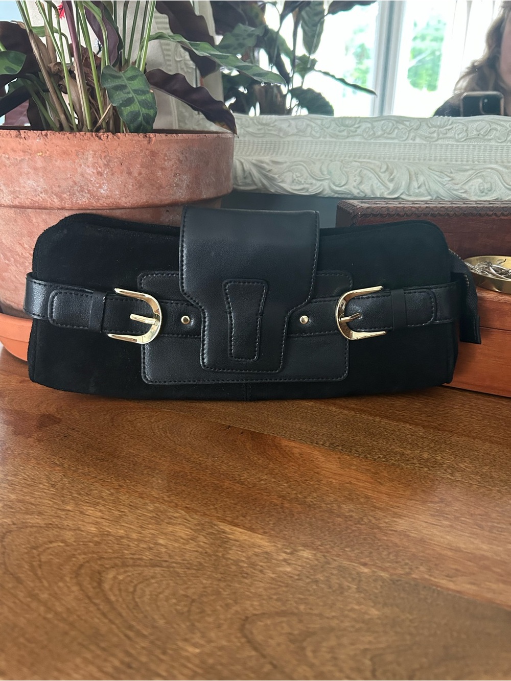 Banana Republic Black Suede & Leather Clutch with Gold Detail